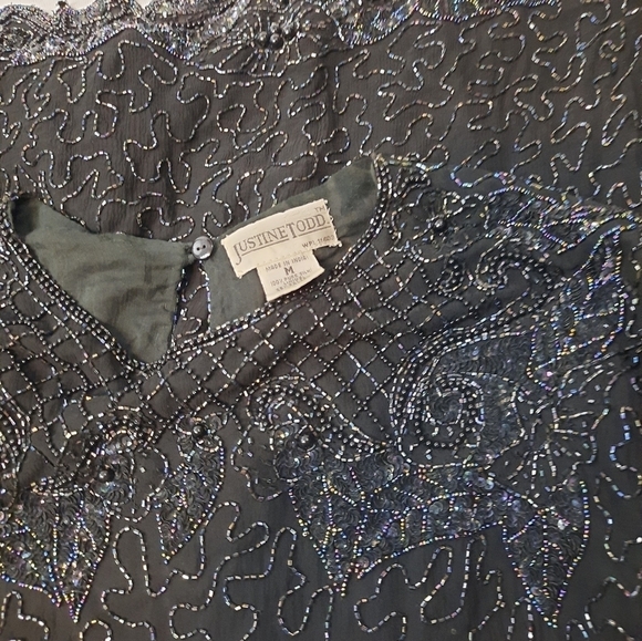 Justine Todd Silk Evening Beaded Blouse Black Size Medium Women's - Picture 14 of 15